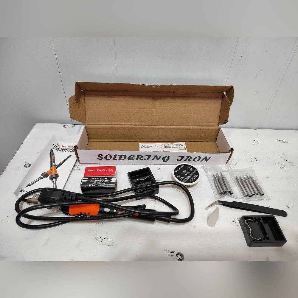 New Soldering Iron Kit 60W Adjustable Temp Tips Flux Stand Electronics Rep